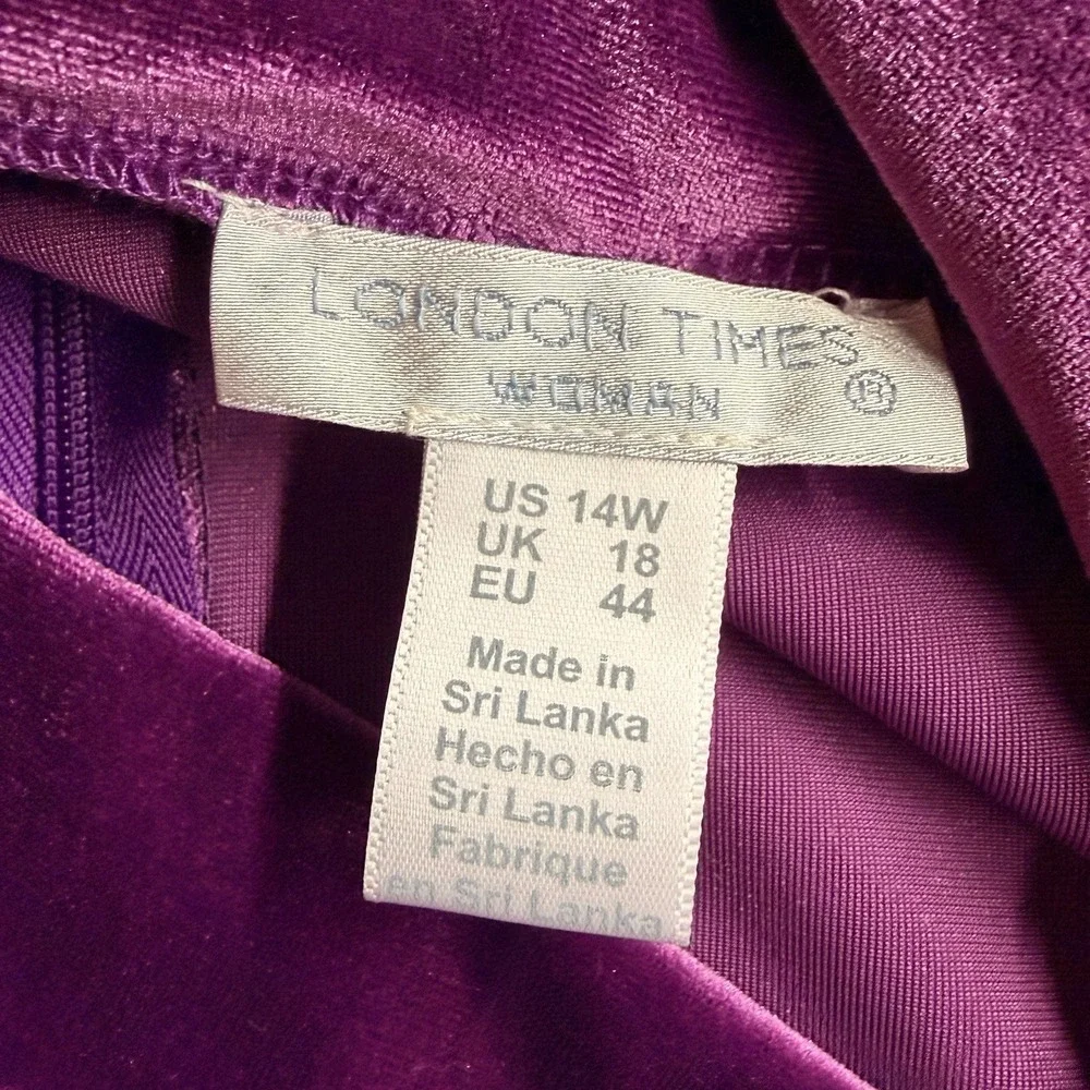 London Times Woman 14W Purple Velvet Mock Neck Ruched Tulip Dress NWT T6429W